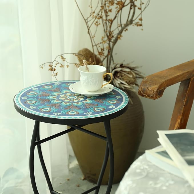 VCUTEKA Mosaic Outdoor Side Table, 14" Round Small Patio Accent Table Indoor End Table for Yard, Garden, Living Room, Bistro Balcony or Lawn