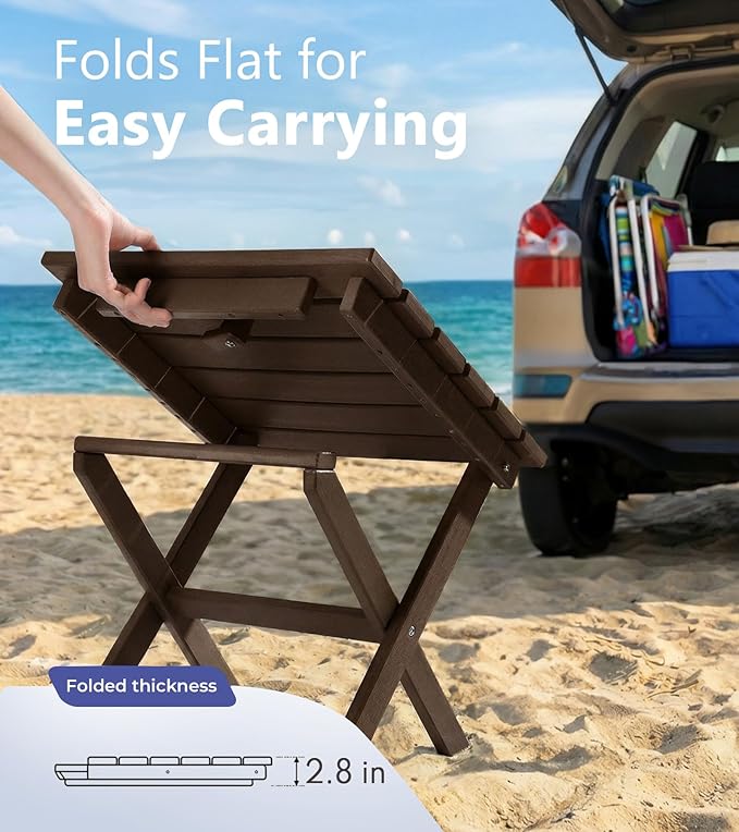 PASAMIC Folding Outdoor Side Table, HDPE Adirondack Patio End Table, Portable, No Assembly, Weather-Resistant for Camping, RV, Poolside, Garden, Indoor & Outdoor Use (Brown)