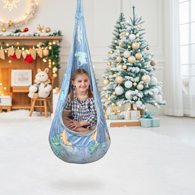 Kids Pod Swing Seat, Flannel Sensory Swing Chair Nightglow with PVC Inflatable Cushion, Hanging Hammock Chair for Indoor＆Outdoor Use (Blue (Dinosaur))