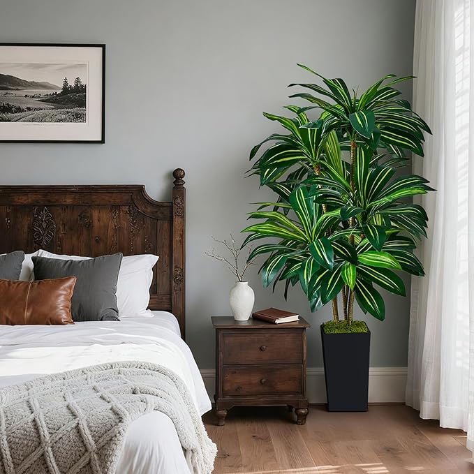 Artificial Dracaena Tree 5FT, Faux Tree with Black Tall Planter, Fake Yucca Tree Tall Faux Plants Indoor, Floor Plant for Home Office Living Room Garden Decor