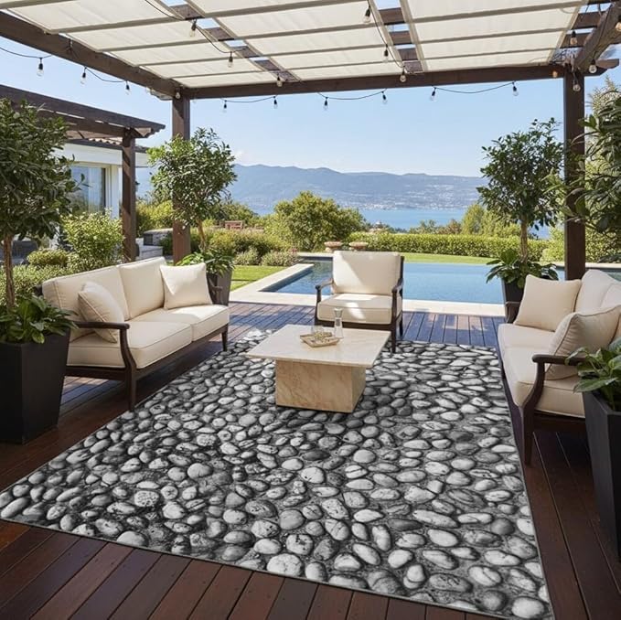 Old Distressed Grey Pebble Pattern Outdoor Carpets for Courtyard Balcony Garden Terrace Imitation Stones Splicing Low Pile Mat Modern Natural Thin Reversible Waterproof Home Decorative Rugs 6x8