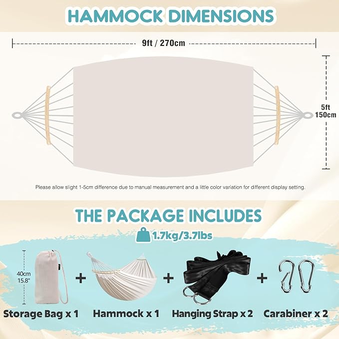 Anyoo Garden Cotton Hammock Comfortable Fabric Hammock with Spreader Bar Sturdy Hammocks Up to 450lbs Portable Lightweight Hammocks with Travel Bag for Camping Outdoor/Indoor Patio Backyard