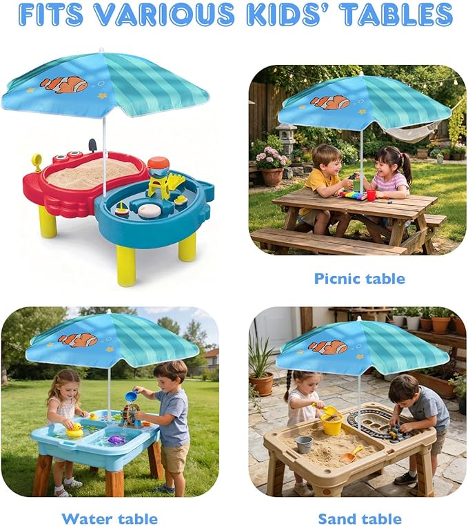AMMSUN 5ft Seaside Umbrella for Sand Box Water Table - Kids Durable Umbrellas for children Picnic Beach Camping Garden Outdoor Play Shade Green Clownfish