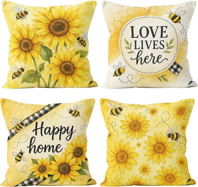 Sunflower Pillow Covers 18x18 inch Set of 4, Yellow Bee Honeycomb Love Home Throw Pillows Cover Sofa Couch Pillow Cases for Farmhouse Indoor Home Decor Decorations