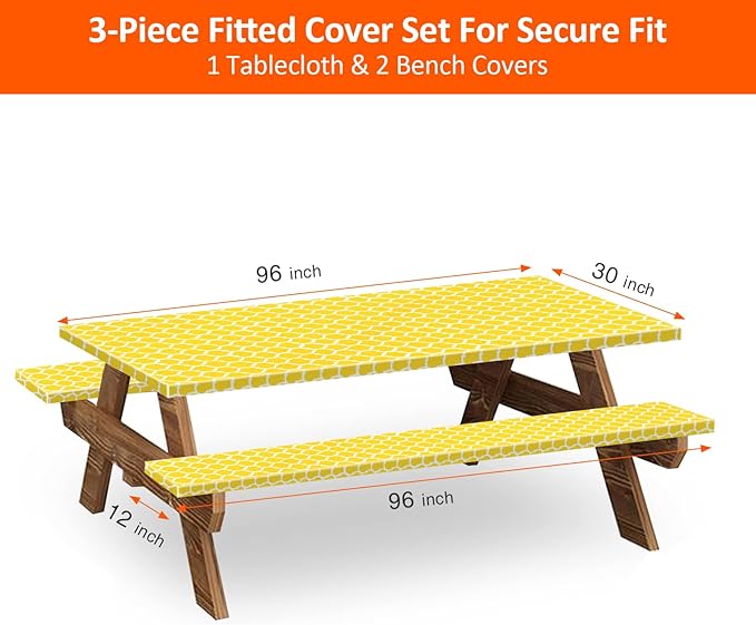 KENOBEE 8ft Picnic Table and Bench Cover, Camping Essentials RV Gear, 96 in Waterproof Windproof Outdoor Elastic All Around Tablecloth, Fitted Rectangle Tables and Seats, Yellow-White Moroccan