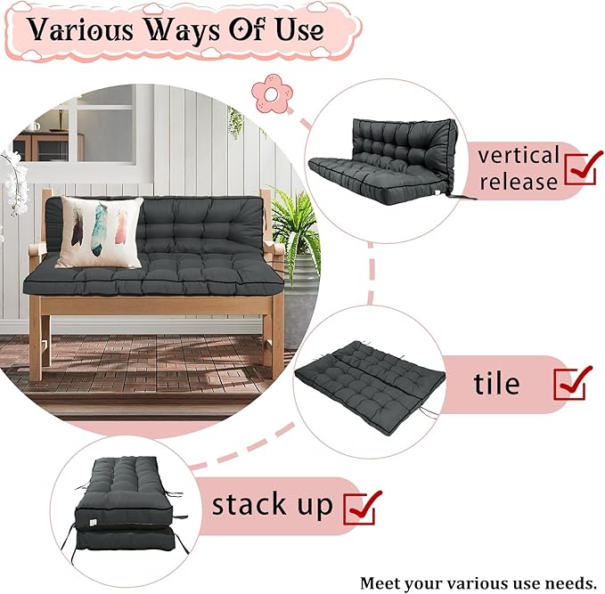 2-3 Seat Swing Replacement Cushion, Outdoor Bench Cushions with Backrest Thicken 4", Patio Furniture Garden Porch Loveseat Glider Pad Anti-Fading Waterproof (Dark Grey, 40x55in)