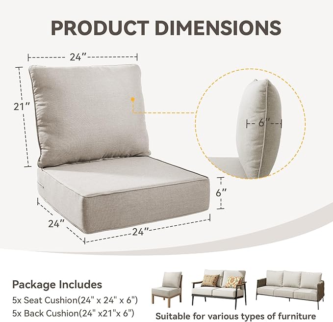 Outdoor Cushion Set for Furniture Patio Furniture, UV Resistant, Water Resistant - 6 Inch Thick Foam Garden Cushions– 24x24 Inch Patio Seat Covers for Chair/Sofa/Couch | Beige | 5-Pack |