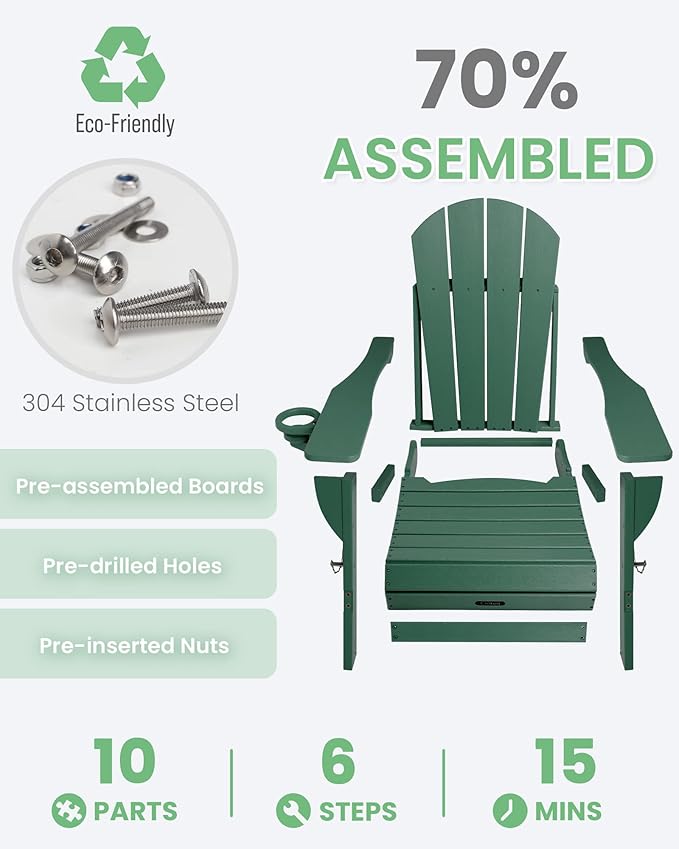 Ciokea Folding Adirondack Chair Wood Texture, Patio Adirondack Chair Weather Resistant, Plastic Fire Pit Chair with Cup Holder, Lawn Chair for Outdoor Porch Garden Backyard Deck (Green)