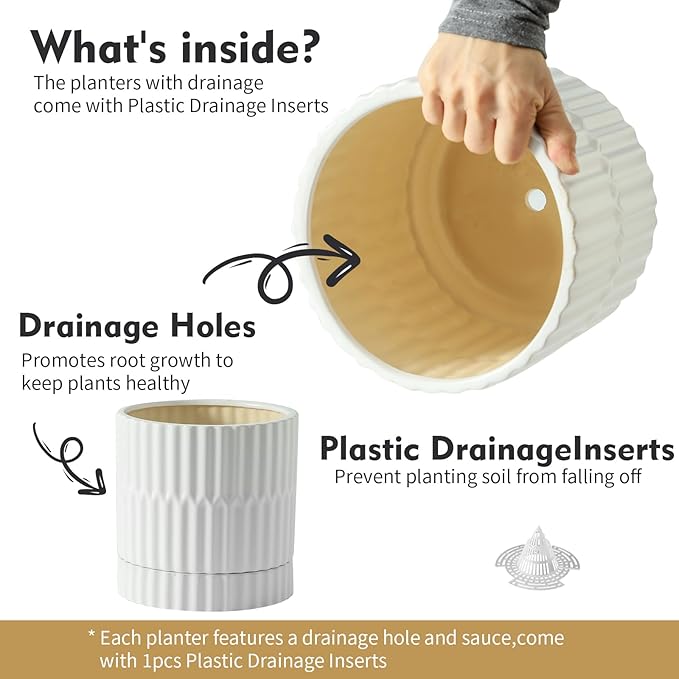 HASENSE Ceramic Plant Pots, 3-Pack (8/6/4.6 inch) Indoor Flower Planters with Vertical Ribbed Design, Drainage Holes & Saucers, Medium Cylinder Pots for Outdoor Plants, Modern White