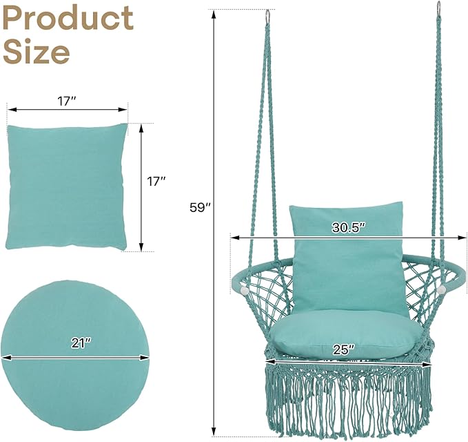 Athena Collection Hammock Swing Chair with Cushion, Outdoor Macrame Chair with Mounting Hardware, Max 350 Lbs, Large Cotton Rope Hanging Chair for Outdoor Indoor Porch Garden, Green