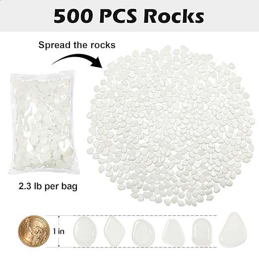 Glow in The Dark Rocks Outdoor, 500 pcs White Solar Rocks for Landscaping, Outdoor Decor Glow in The Dark Stones, Glowing Pebbles for Garden Backyard Patio Lawn Pond Fish Tank Aquarium Decor