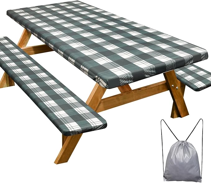 Picnic Table Cover with Bench Covers 6FT 3 Pcs Waterproof Windproof Aesthetic Camping Tablecloth with Drawstring Bag, Fitted for 6 Foot Rectangle Tables and Seats, 72 inch, Blue Green Checkered