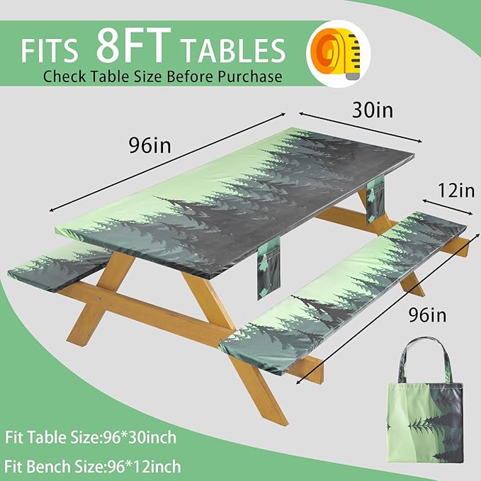 Fitted Waterproof Picnic Table Cover with Bench Covers Elastic Edges Camping Tablecloth for 8 Foot Rectangle Tables Camp Cooking Motorhome Hiking Equipment Car Rv Travel Trailer Needs Gifts