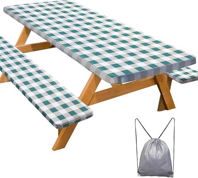 Picnic Table Cover with Bench Covers Camping Essentials Waterproof Windproof Camping Tablecloth with Drawstring Bag, Fitted Rectangle Tables and Seats, 60in, White Green Checkered