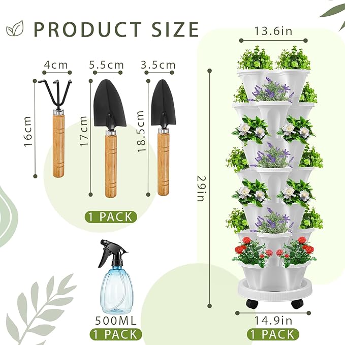 Umigy 1 Set White 7 Tier Vertical Planter Stackable Tower Planters Strawberry Herb Flower and Vegetable Pots Indoor Outdoor Gardening Pots with Removable Wheels and Tools