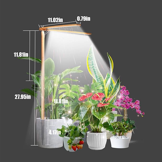 Wooden Grow Lights for Indoor Plants Full Spectrum, Slim Indoor Plant Growing Light with 6000K White Red LEDs 2-Head (Without Timer/Dimming)