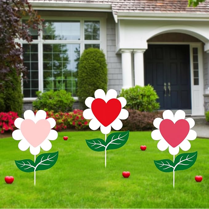 BreezeHug 3 Pcs 11" W 13.7" H Valentine's Day Heart-Shaped Flower Yard Stakes Outdoor Large Planter Garden Stakes Sign Valentine Flower Stick Pink Red Decorative for Yard Patio Lawn Spring Decor