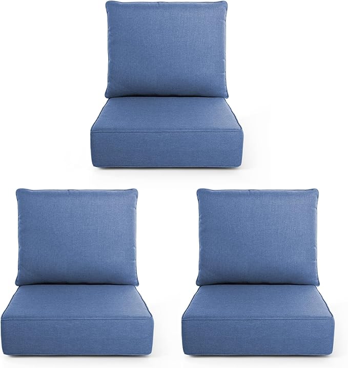 Belord Luxury 6" Thick Outdoor Cushion 3 Set - 22 x24 Inch 28D Sponge Filling Fade-Resistant Chair Cushion, Spill Proof Removable Patio Furniture Replacement Cushion for Sofa Bench - Blue