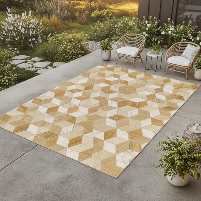 Rustic Imitation Wood Geometric Pattern Wood Grain 8x10 Outdoor Rug Brown Beige Wooden Board Print Outdoor Area Rug for Pool Patio Deck Garden Balcony Porch Non Slip Washable Outside Carpet Mat