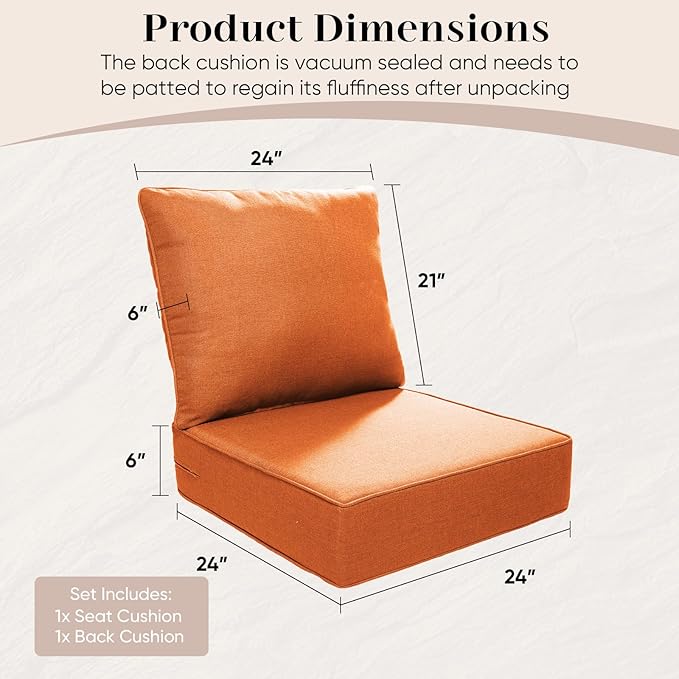 Outdoor Seat Cushion Set-24 x 24 x 6 Inch Outdoor Chair Cushions with Water Resistant & Removable Cover Outdoor Cushions for Patio Furniture Chair Sofa Couch-Orange