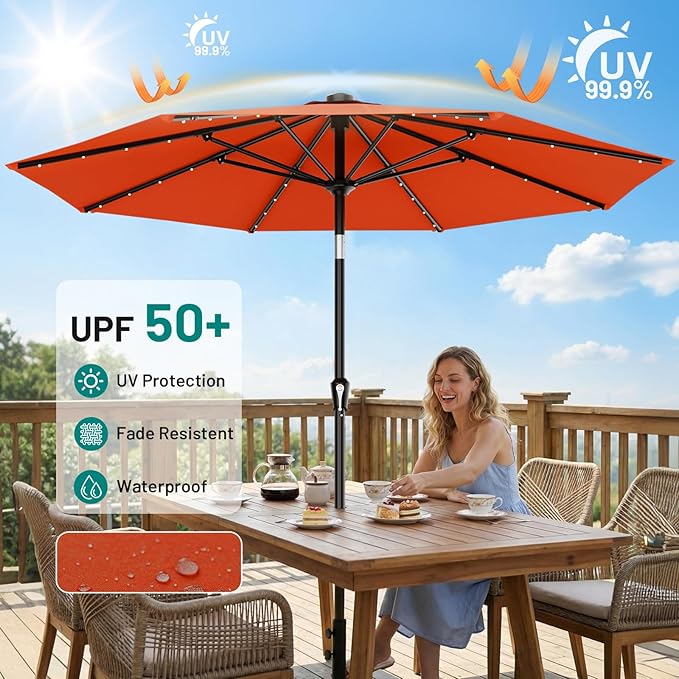AreShark 9FT Patio Umbrella with Solar Lights, 32 LED Lighted Pool Umbrella w/Tilt and Crank, Outdoor Market Solar Umbrellas for Garden, Deck, Backyard, Pool and Beach, Orange