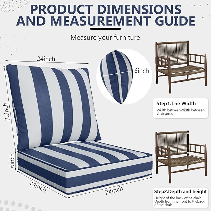24" x 24" x 6" Outdoor Deep Seat Cushions Set - 6 Set Waterproof & Fade Resistant Patio Furniture Replacement Cushions, Non-Slip Outdoor Cushions Fit Loveseats, Couches, Chairs, and Sofas