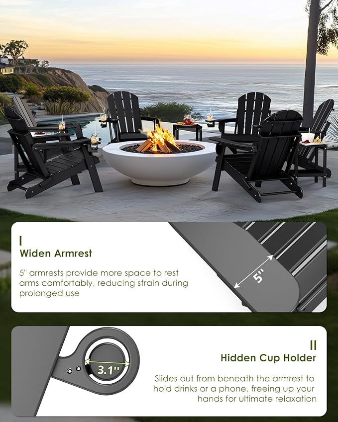 GREENVINES Folding-Adirondack-Chairs-Set-of-4 | HDPE Plastic | Fire Pit Chair | All Weather | Cup Holder | Black | for Deck Backyard Patio Outdoor Garden