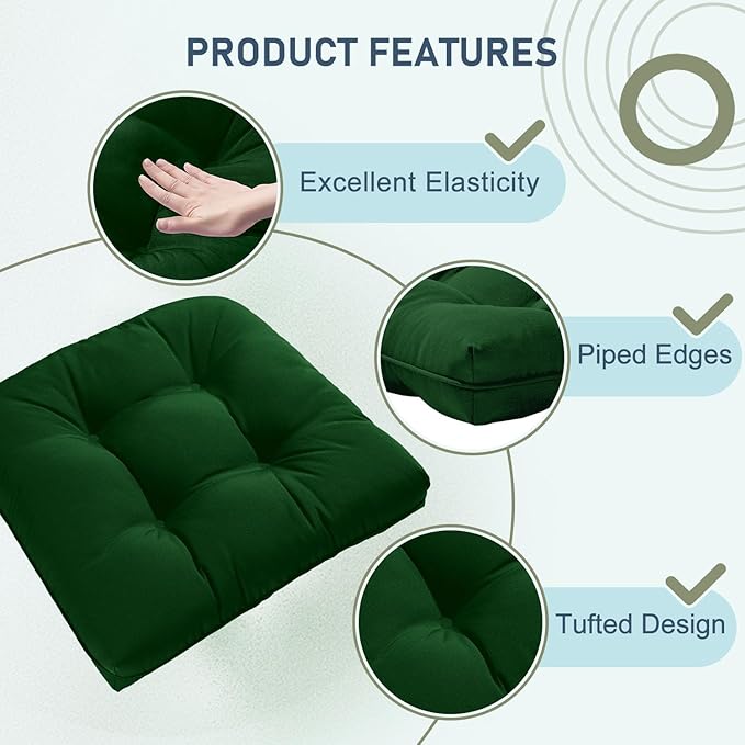 downluxe Outdoor Chair Cushions Set of 4 for Patio Furniture, Waterproof Tufted Overstuffed Patio Furniture Cushions, Thick Outdoor Seat Cushion, 19" X 19" X 5", Forest Green