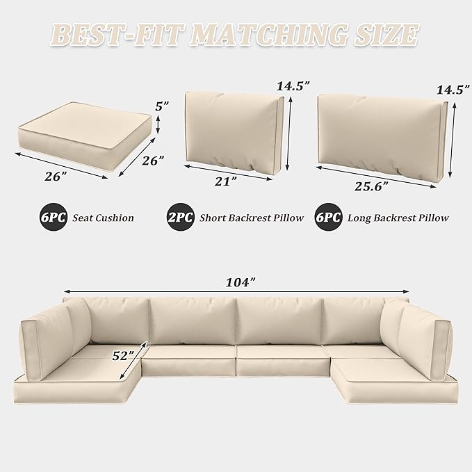14-Piece Outdoor Cushions for Patio Furniture Thick Outdoor Chair Cushions 5" Foam High-Density Water-Resistant Deep Seat Cushion for 6-Seat Sectional Sets Liner&Cover Cream