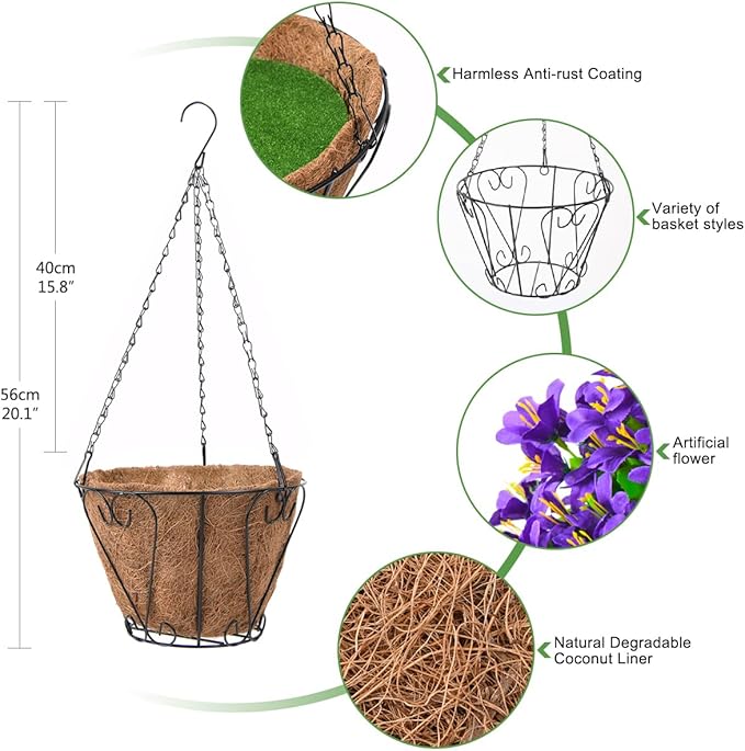 INQCMY Artificial Hanging Flowers in Basket for Spring Patio Garden Decoration, Faux Silk Violet in Planter UV Resistant Realistic for Outside Home Porch Balcony Yard Decor(Purple)
