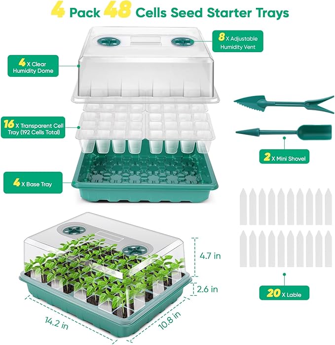 192 Cell Seed Starter Tray, Seed Starter Kit with Adjustable Humidity Dome, Seed Starting Trays Plant Starter Kit for Seeds Growing Starting, Indoor Gardening, Greenhouse