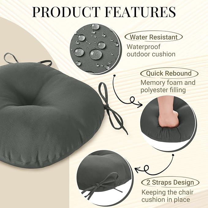 downluxe Bistro Chair Cushions for Patio Furniture, Water-Resistant Round Outdoor Chair Cushions Set of 4 with Non-Slip Ties, 15" x 15", Dark Grey