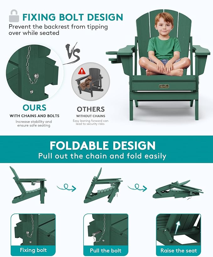 SERWALL Folding Adirondack Chair Outdoor Adirondack Chairs with Cup Holder Weather Resistant Patio Chair Weather Resistant for Patio Deck Garden, Backyard Deck, Fire Pit - Green