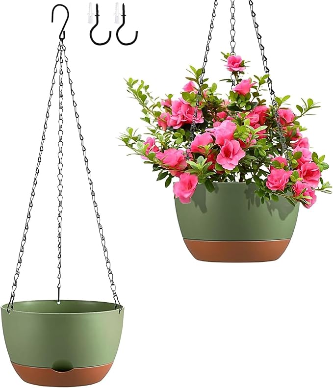 Hanging Planters for Indoor Plants, Set of 2 8/10 Inch Self-Watering Hanging Pots with Drainage Hole & Removable Water-Storage Tray II Screw-in Hooks II
