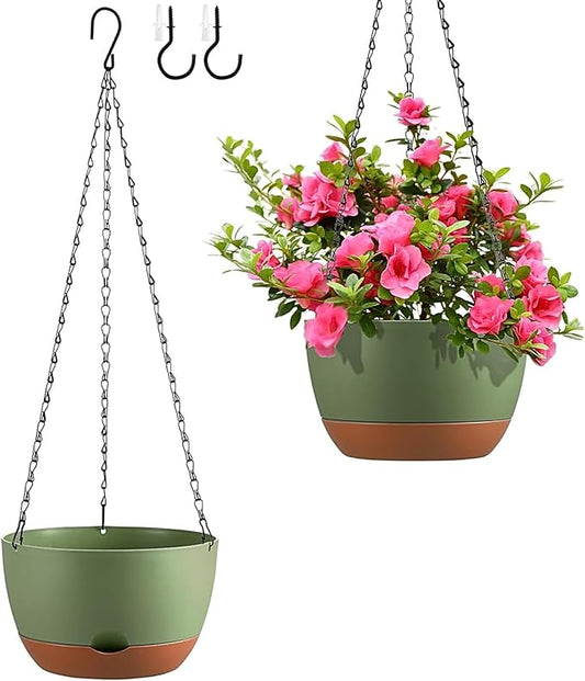 Hanging Planters for Indoor Plants, Set of 2 8/10 Inch Self-Watering Hanging Pots with Drainage Hole & Removable Water-Storage Tray II Screw-in Hooks II