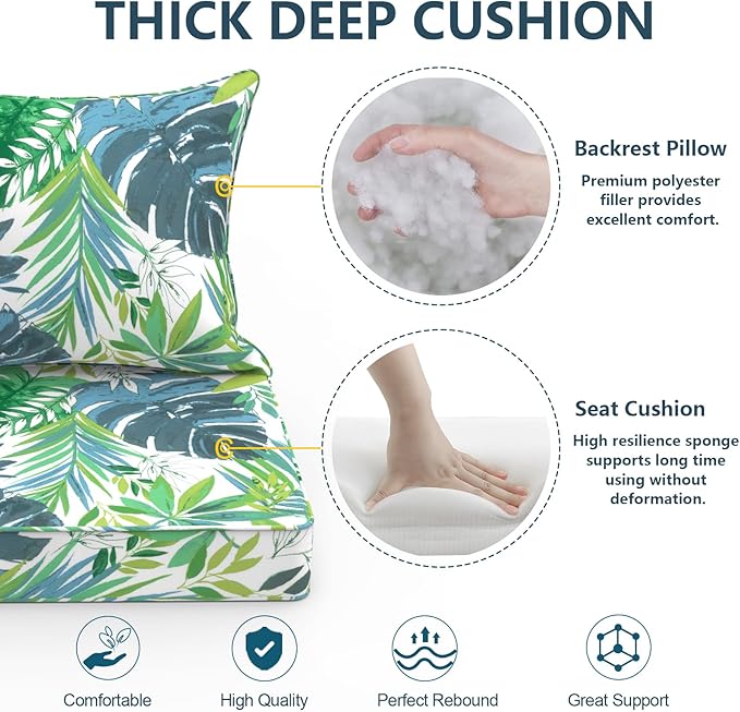 Outdoor Deep Seat Cushion Set, Water Repellent 22"x22" Patio Thick Cushions Replacement with Seat & Back Pillow for Patio Sofa, Wicker Chair, Couch - Islamorada Blue Green