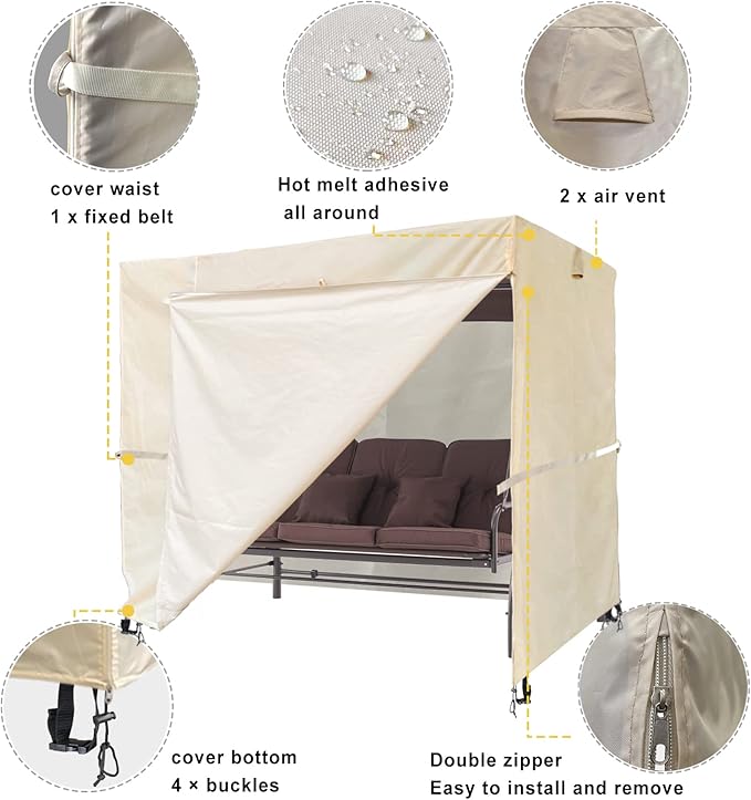 Ourdoor Swing Cove,2 Triple Seater Hammock Cover Garden Swing Cover Garden Hammock Glider Chair Cover Outdoor Swing Cover UV Resistant Swing Canopy Cover (65 * 49 * 66 in) Beige