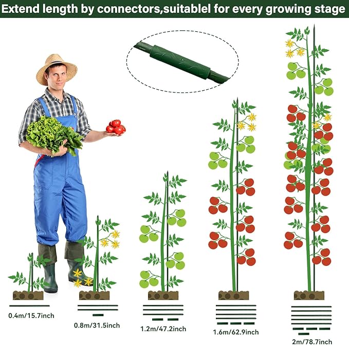 70 Pack Garden Stakes Set, 16 Inch Plant Stakes Support with 40 Connectors 30 Rotatable Clips 164ft Twist Tie for Growing Climbing Plants Vegetables