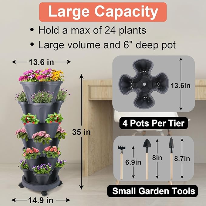 GameXcel Vertical Planter Tower- 6 Tier Stackable Garden Planter with Wheels and Tool Set – Grow Strawberries Herbs Flowers and Vegetables - Indoor Outdoor Use Dark Gray