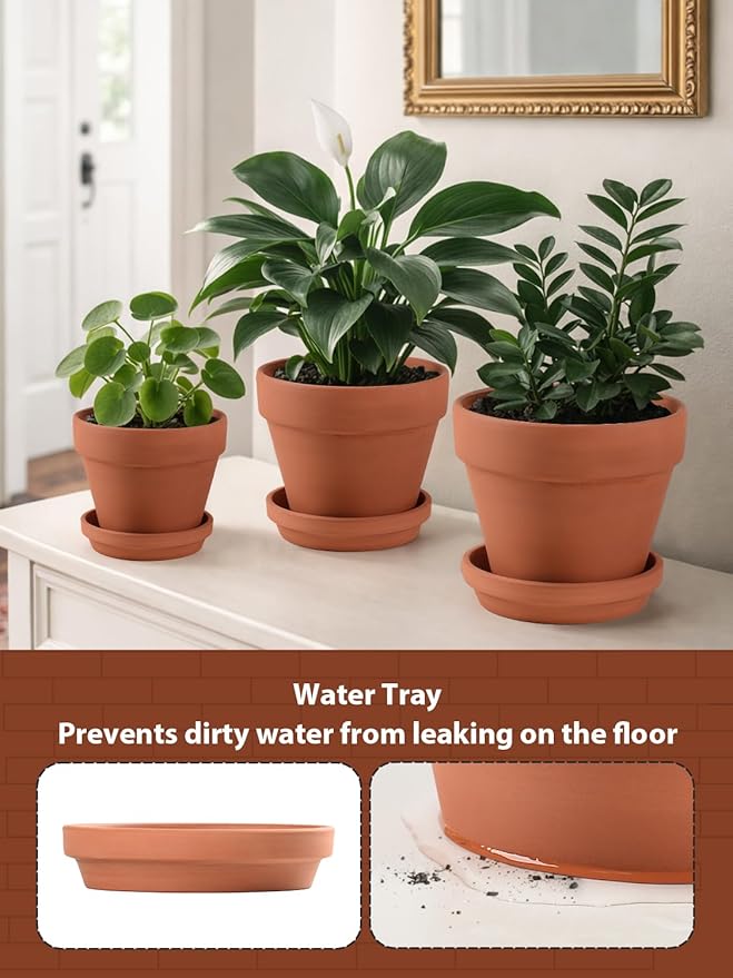 INGOFIN Terracotta Pots Set with Saucer - 5/6/7 inch Ceramic Clay Planters with Drainage Hole, Garden Flower Succulent Pots with Tray for Indoor Outdoor Plants, Set of 3