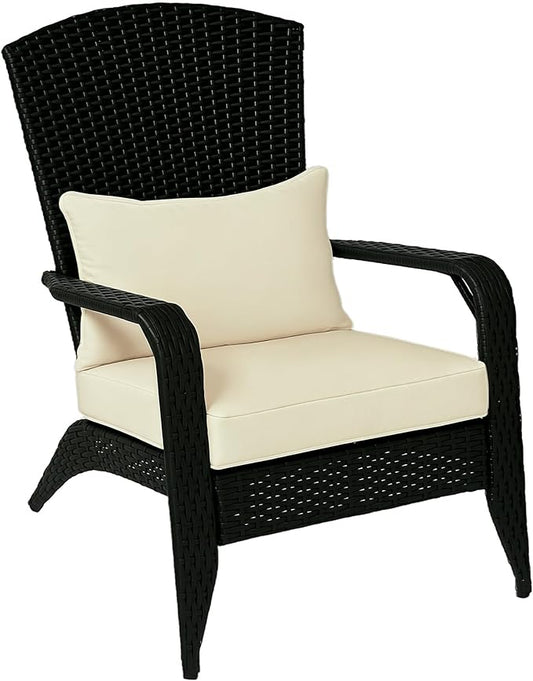 Outsunny Patio Wicker Adirondack Chair, Outdoor All-Weather Rattan Fire Pit Chair with Soft Cushions, Tall Curved Backrest and Comfortable Armrests for Deck or Garden, Deep Brown/Cream White