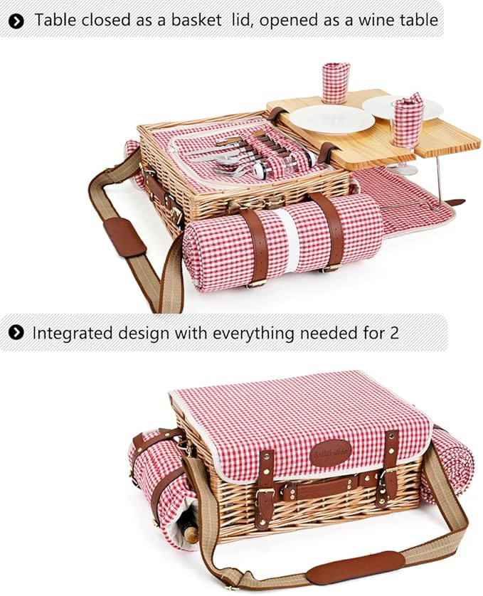Multifunctional Wicker Picnic Basket Set for 2 with Blanket and Picnic Table, Insulated Picnic Set with Full Tablewares for Camping Outdoor Couples, Gingham