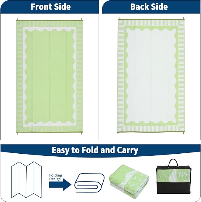 9x12 Outdoor Rug Waterproof Foldable Plastic Straw Carpet for Patio Porch Scalloped Border Reversible Mat Lightweight Floor Mat for Picnic, Rv, Beach, Deck, Camper, Balcony，Light Green