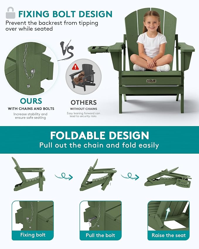 SERWALL Foldable Adirondack Chair Set of 2, Adirondack Chairs with 4 in 1 Cup Holder, Weather Resistant Plastic Chair for Patio Garden Outdoors Fire Pit Chairs - Avocadogreen