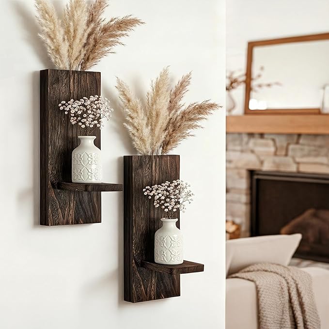 Wood Wall Planter Set of 2, Wooden Wall-Mounted Vase with Shelf for Plants & Candles, Farmhouse Hanging Wall Decor for Living Room, Bedroom, Bathroom, Entryway, Narrow Spaces, 13.8" x 5"
