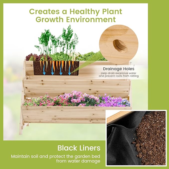 S AFSTAR 3-Tier Vertical Garden Bed, Wooden Elevated Planter Bed with Legs, Storage Shelf, 2 Hooks, Raised Bed Kit for Flower Vegetable Herb, Outdoor Plant Box Stand for Yard Garden & Balcony