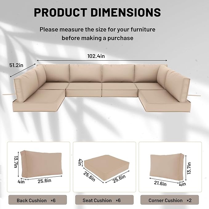14 Piece Outdoor Sectional Cushions, Water-Resistant Outdoor Sofa Cushions Replacement, 4" High Density Foam Patio Furniture Cushions Fits 6-seat Rattan Conversation Set (Khaki)