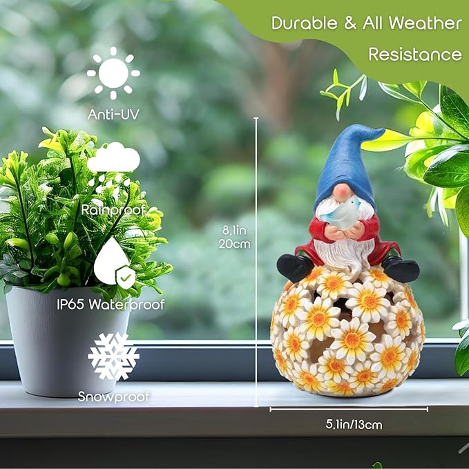 Solar Garden Gnome Outdoor Decoration Patio Porch Lawn Gnome Statue with LED Lights Christmas Gardening Birthday Ideal Gifts for Women Mom, Blue Gnome