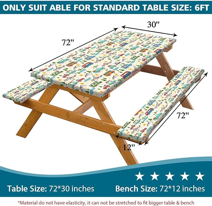 Picnic Table Cover with Bench Covers Reusable Table Cover for Camping with Elastic Outdoor Windproof Waterproof Fabric Rectangle Fitted Tablecloth and Seat Covers with Drawstring Bag, 60In 3PCS