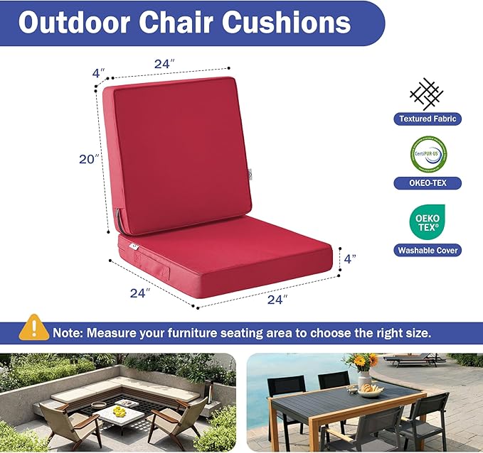 Outdoor Cushions, Outdoor Chair Cushions 24x24x4 Inch, Cushions for Outdoor Furniture with Removable Cover, Waterproof & Fade Resistant Outdoor Seat Cushions for Patio, Lawn, Burgundy